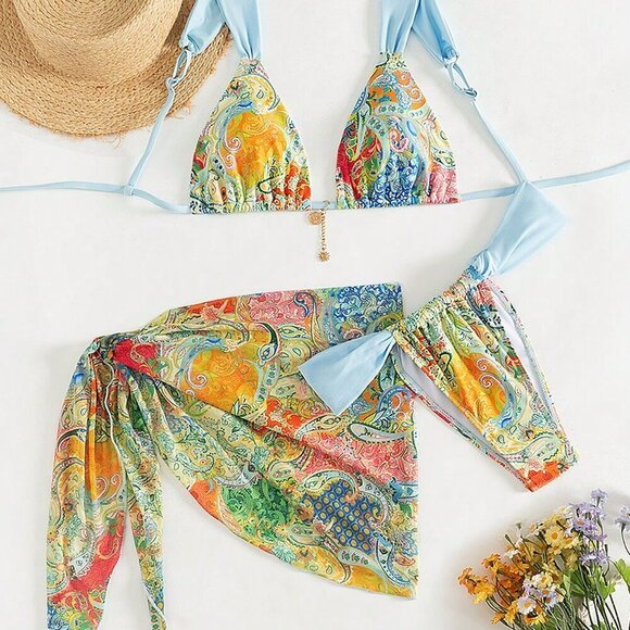 Multicolor Boho Women's Paisley Print Lightweight 3-Piece Bikini Set - Picture 2 of 6